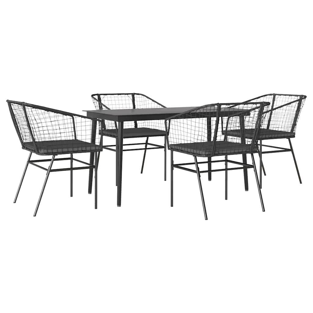 5 részes fekete polyrattan üveg kerti étkezőgarnitúra párnákkal