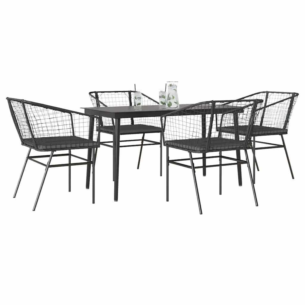 5 részes fekete polyrattan üveg kerti étkezőgarnitúra párnákkal
