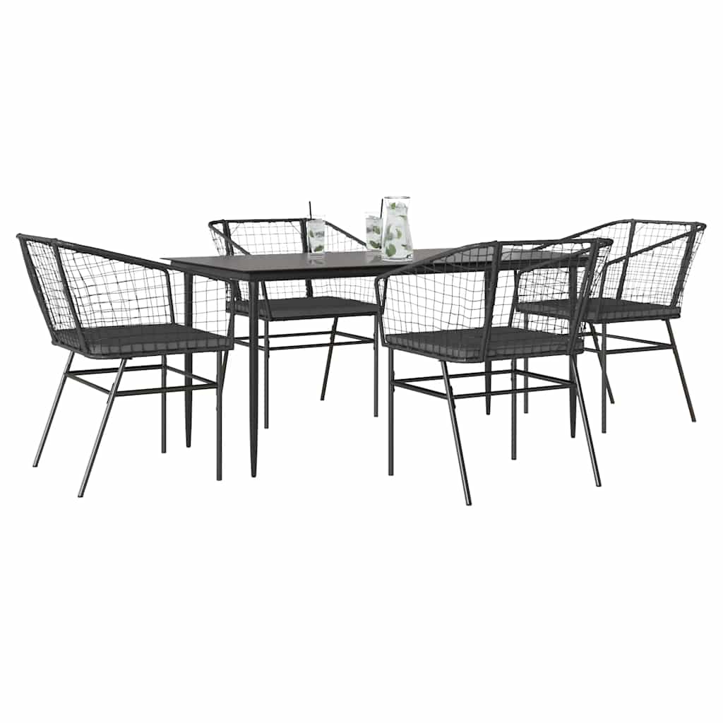 5 részes fekete polyrattan üveg kerti étkezőgarnitúra párnákkal