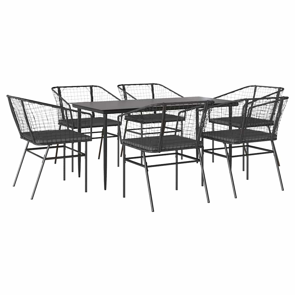 7 részes fekete polyrattan üveg kerti étkezőgarnitúra párnákkal