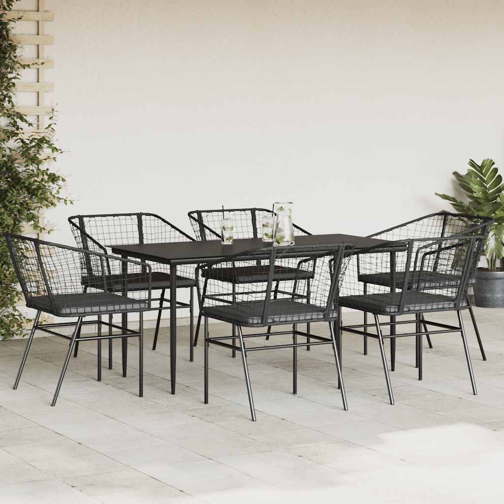 7 részes fekete polyrattan üveg kerti étkezőgarnitúra párnákkal