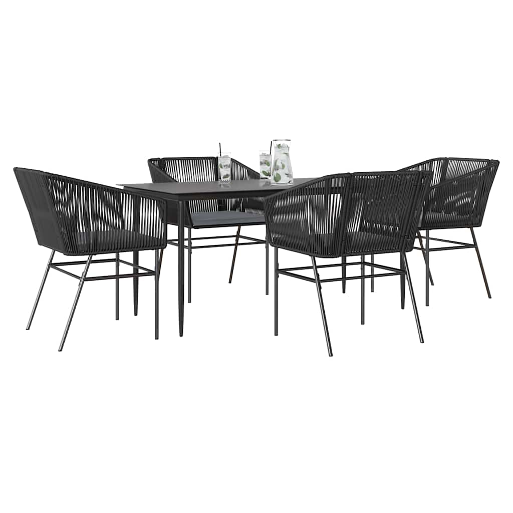 5 részes fekete polyrattan üveg kerti étkezőgarnitúra párnákkal