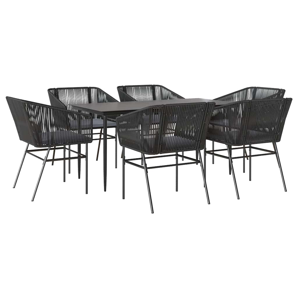 7 részes fekete polyrattan üveg kerti étkezőgarnitúra párnákkal
