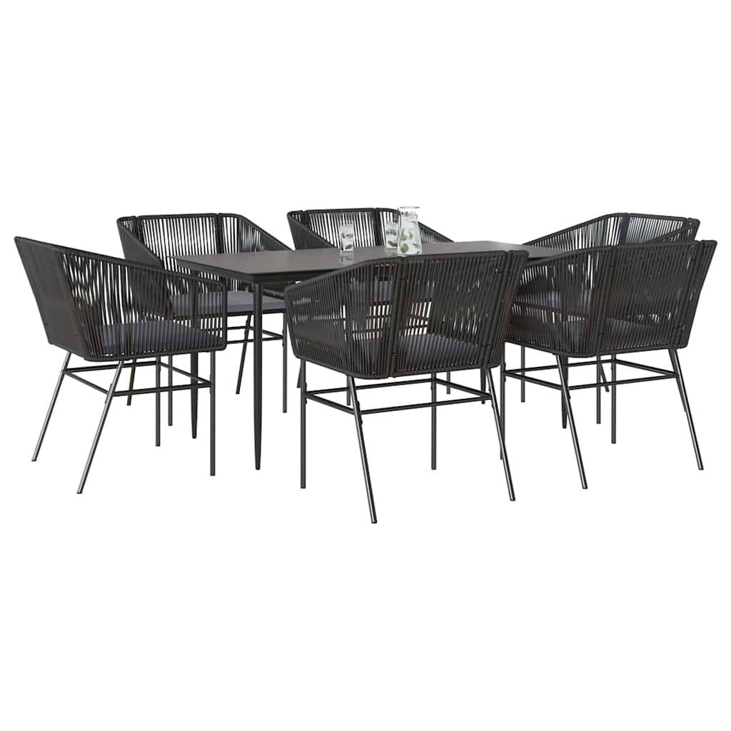 7 részes fekete polyrattan üveg kerti étkezőgarnitúra párnákkal