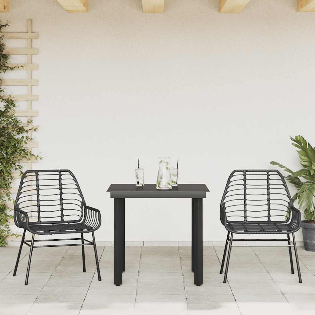 3 részes fekete polyrattan üveg kerti étkezőgarnitúra