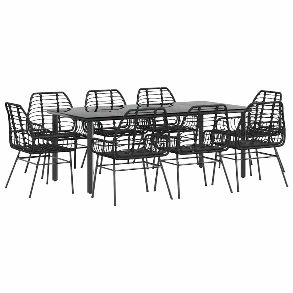 9 részes fekete polyrattan üveg kerti étkezőgarnitúra