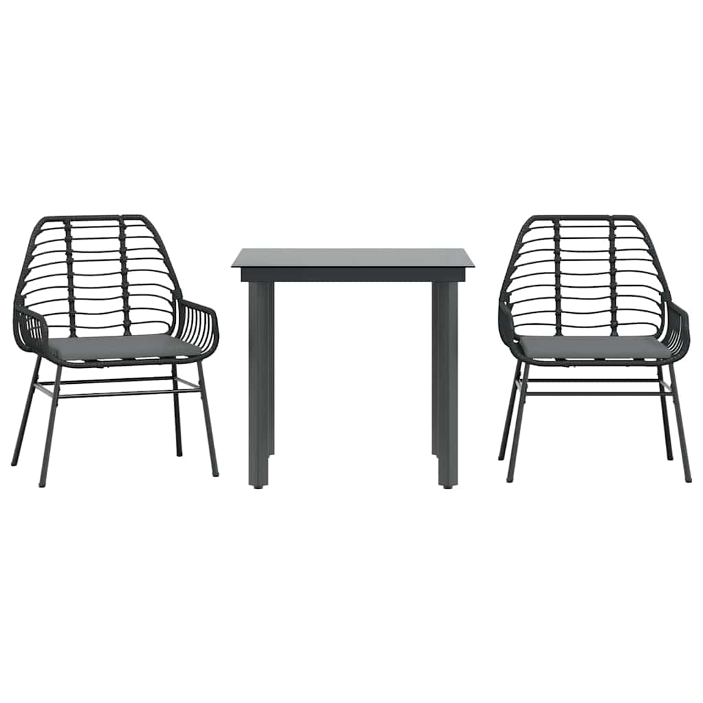 3 részes fekete polyrattan üveg kerti étkezőgarnitúra párnákkal