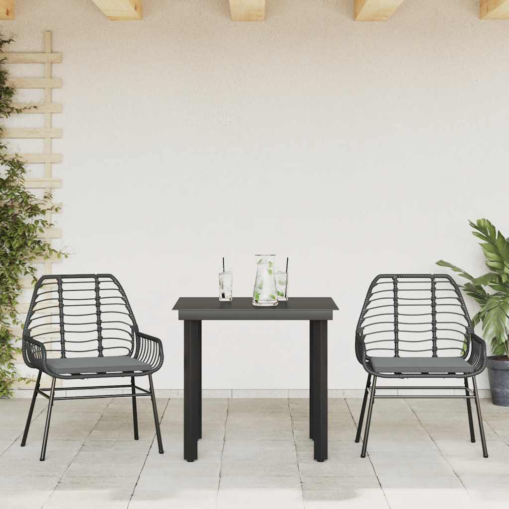 3 részes fekete polyrattan üveg kerti étkezőgarnitúra párnákkal