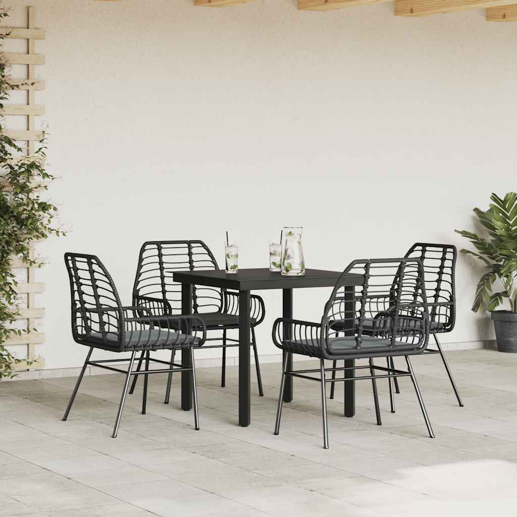 5 részes fekete polyrattan üveg kerti étkezőgarnitúra párnákkal