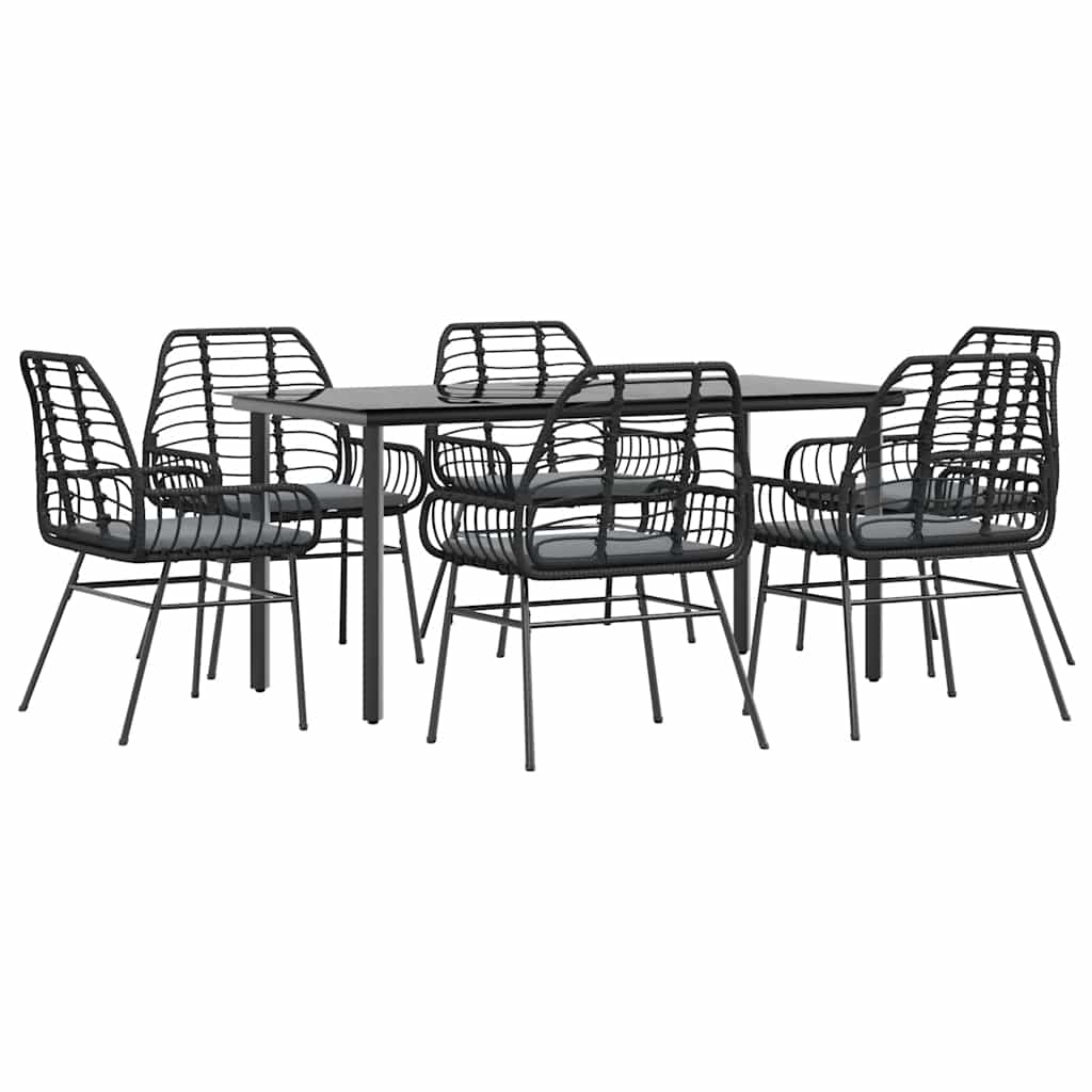 7 részes fekete polyrattan üveg kerti étkezőgarnitúra párnákkal