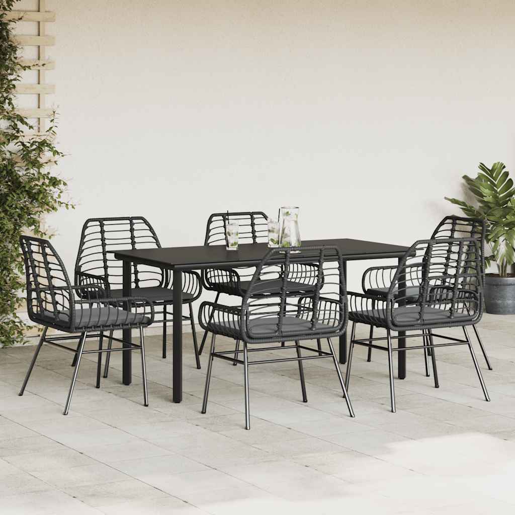 7 részes fekete polyrattan üveg kerti étkezőgarnitúra párnákkal