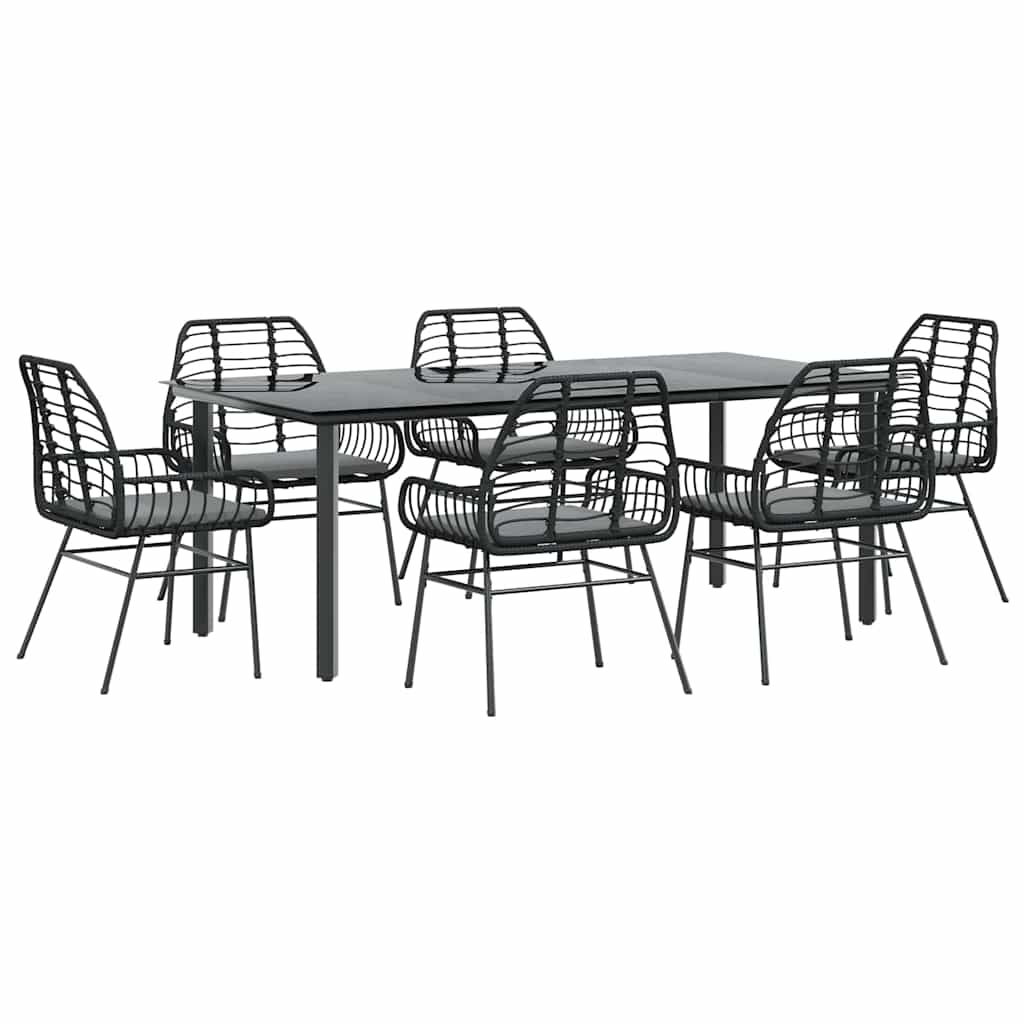 7 részes fekete polyrattan üveg kerti étkezőgarnitúra párnákkal