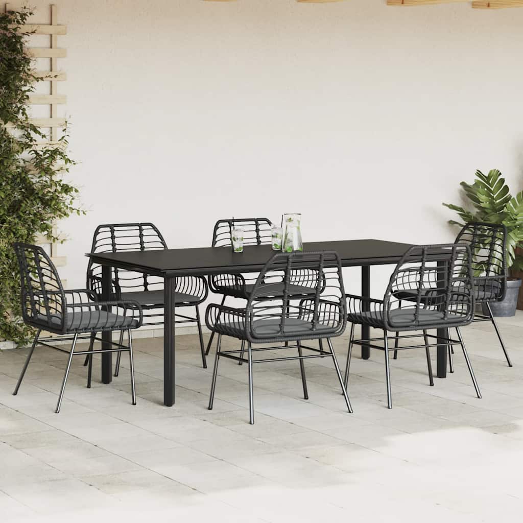 7 részes fekete polyrattan üveg kerti étkezőgarnitúra párnákkal