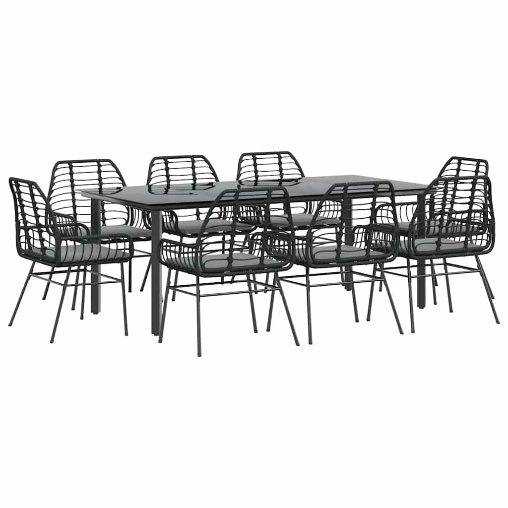 9 részes fekete polyrattan üveg kerti étkezőgarnitúra párnákkal