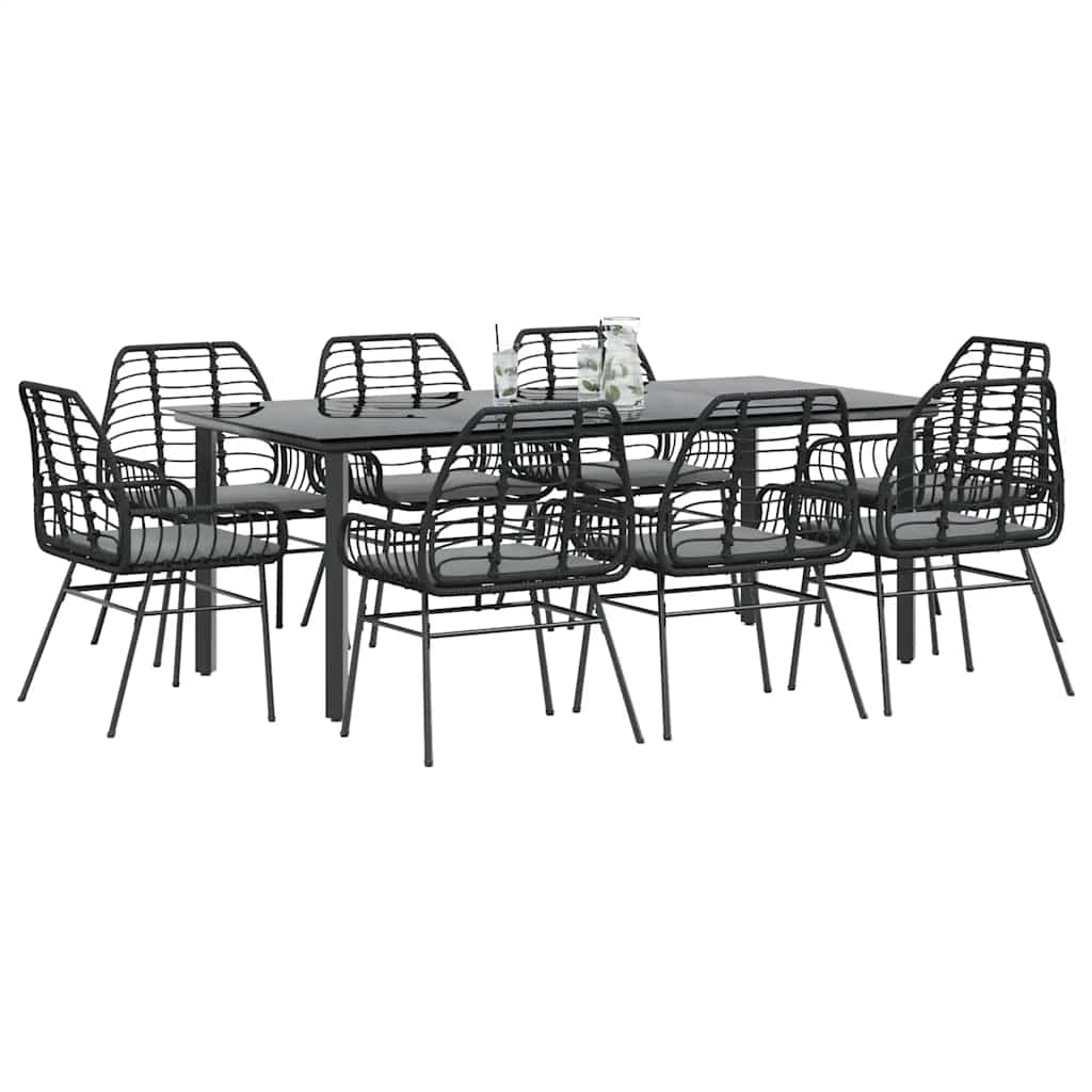 9 részes fekete polyrattan üveg kerti étkezőgarnitúra párnákkal