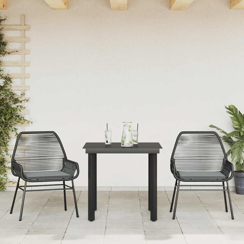 3 részes fekete polyrattan üveg kerti étkezőgarnitúra párnákkal
