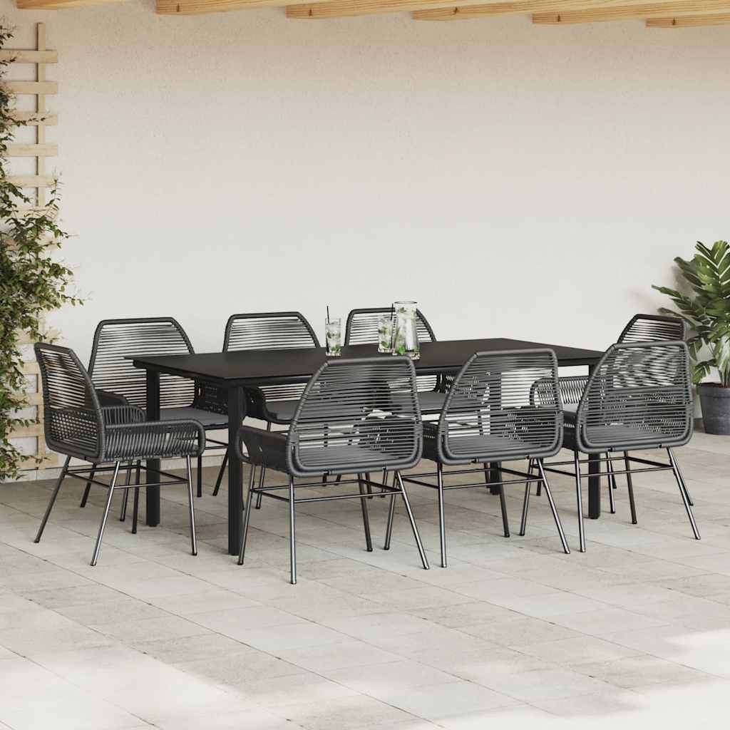 9 részes fekete polyrattan üveg kerti étkezőgarnitúra párnákkal