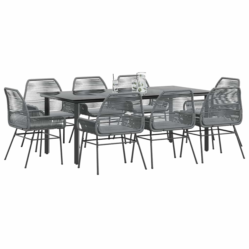 9 részes szürke polyrattan üveg kerti étkezőgarnitúra párnával