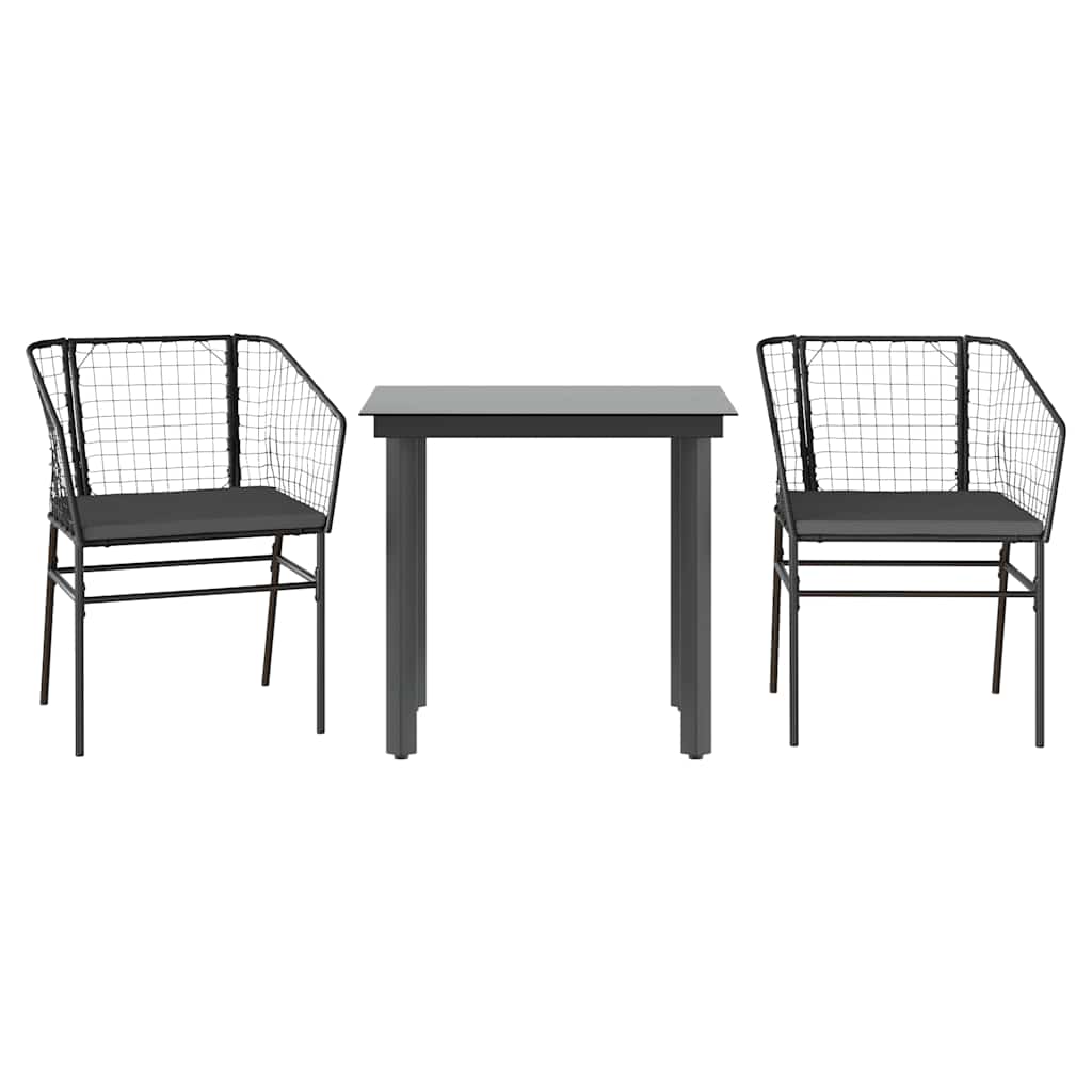 3 részes fekete polyrattan üveg kerti étkezőgarnitúra párnákkal