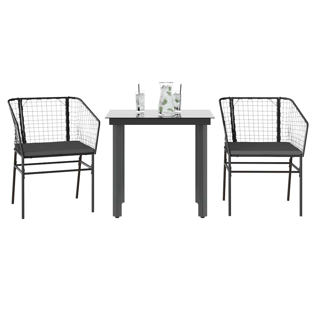 3 részes fekete polyrattan üveg kerti étkezőgarnitúra párnákkal