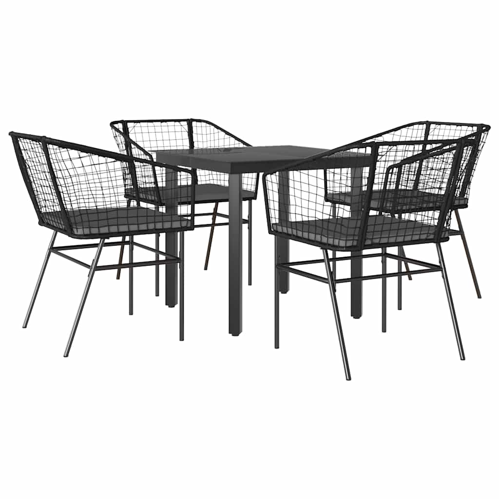 5 részes fekete polyrattan üveg kerti étkezőgarnitúra párnákkal