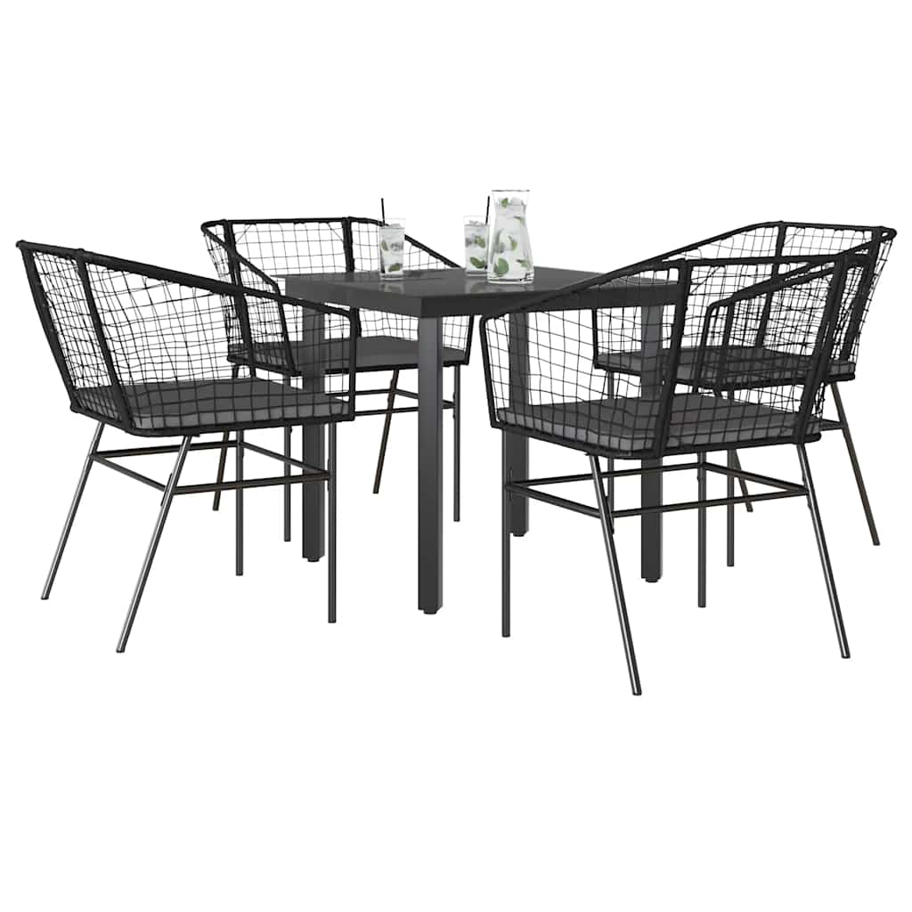 5 részes fekete polyrattan üveg kerti étkezőgarnitúra párnákkal