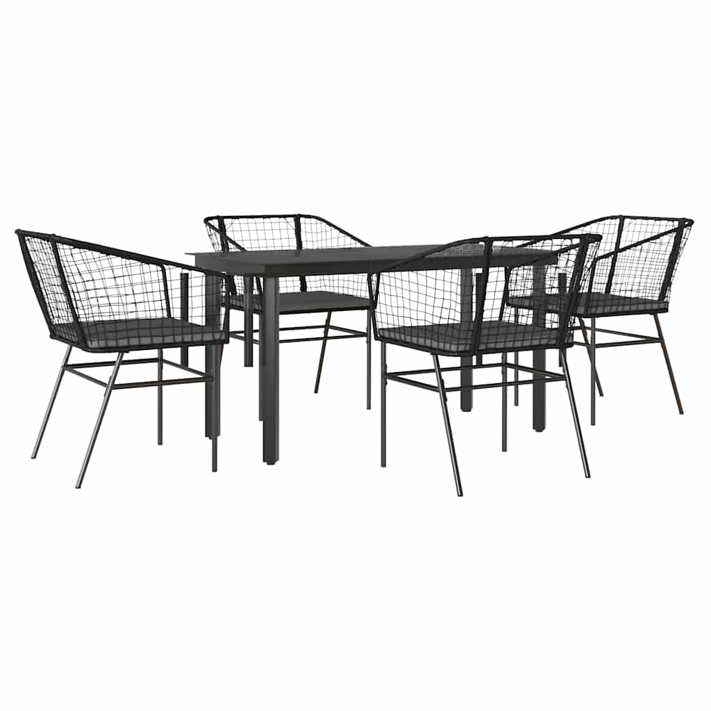 5 részes fekete polyrattan üveg kerti étkezőgarnitúra párnákkal