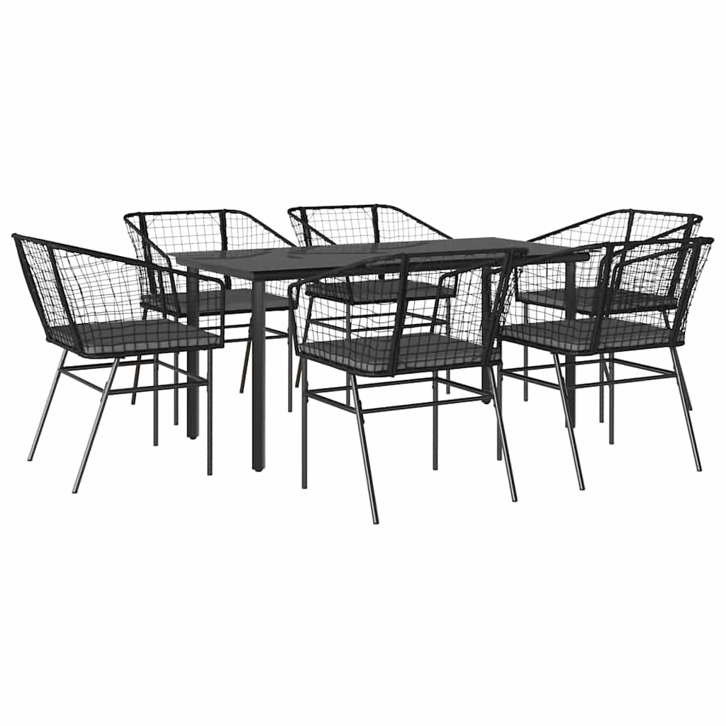 7 részes fekete polyrattan üveg kerti étkezőgarnitúra párnákkal