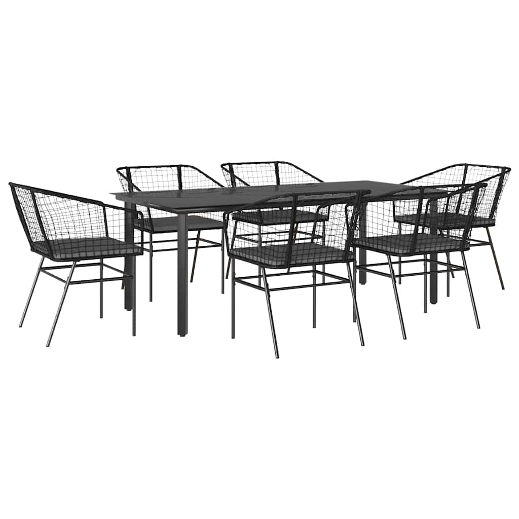 7 részes fekete polyrattan üveg kerti étkezőgarnitúra párnákkal