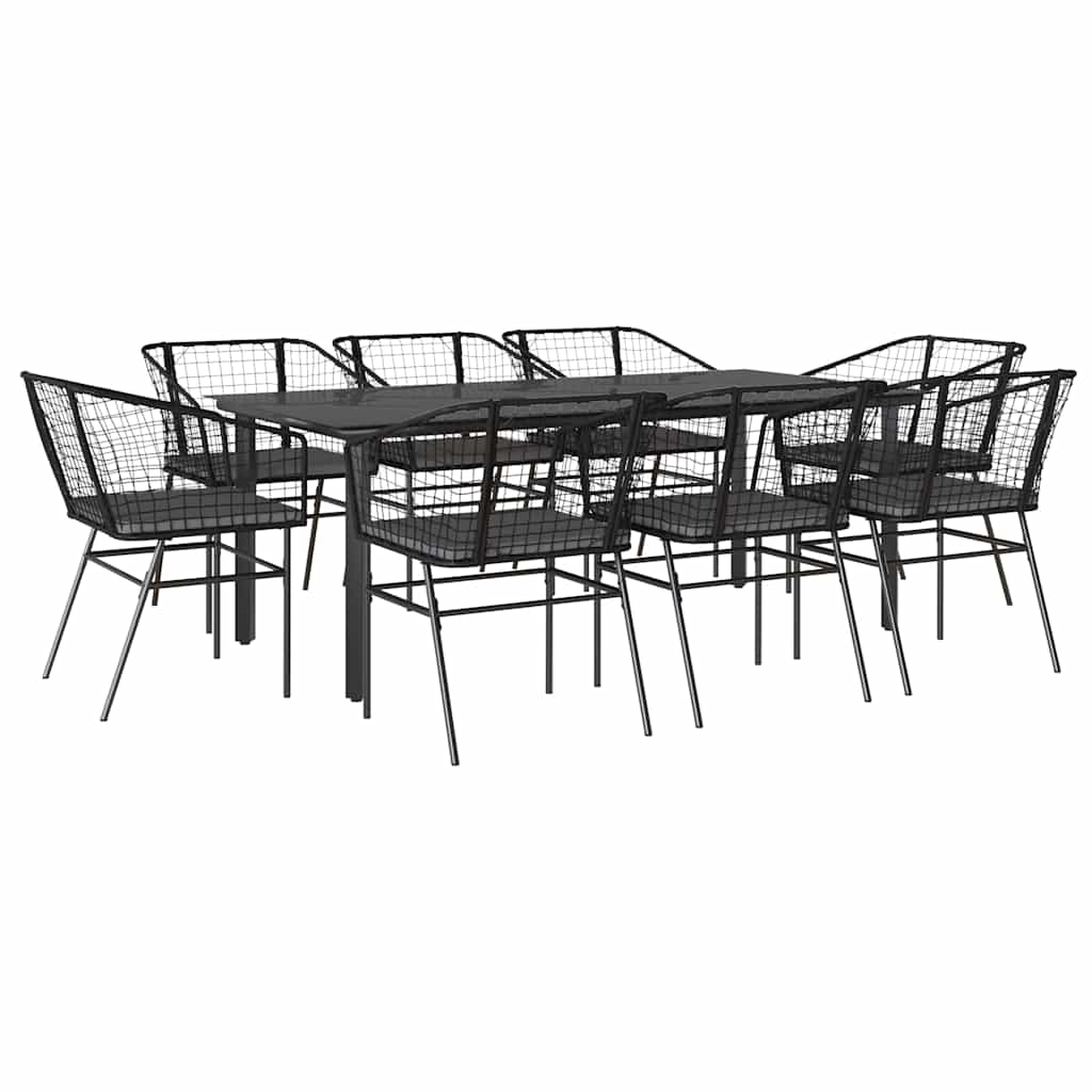9 részes fekete polyrattan üveg kerti étkezőgarnitúra párnákkal