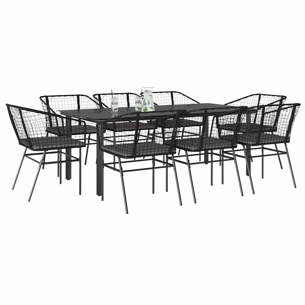 9 részes fekete polyrattan üveg kerti étkezőgarnitúra párnákkal