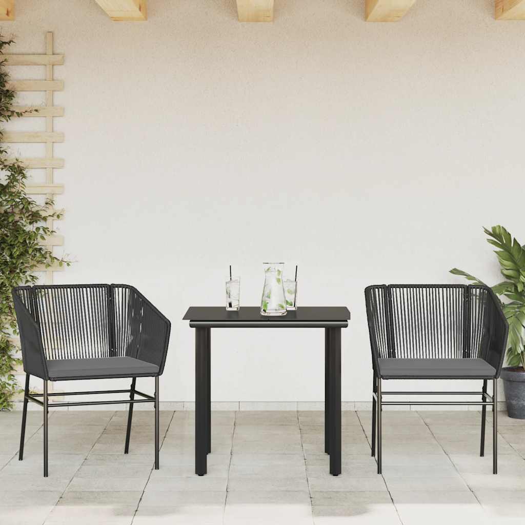 3 részes fekete polyrattan üveg kerti étkezőgarnitúra párnákkal
