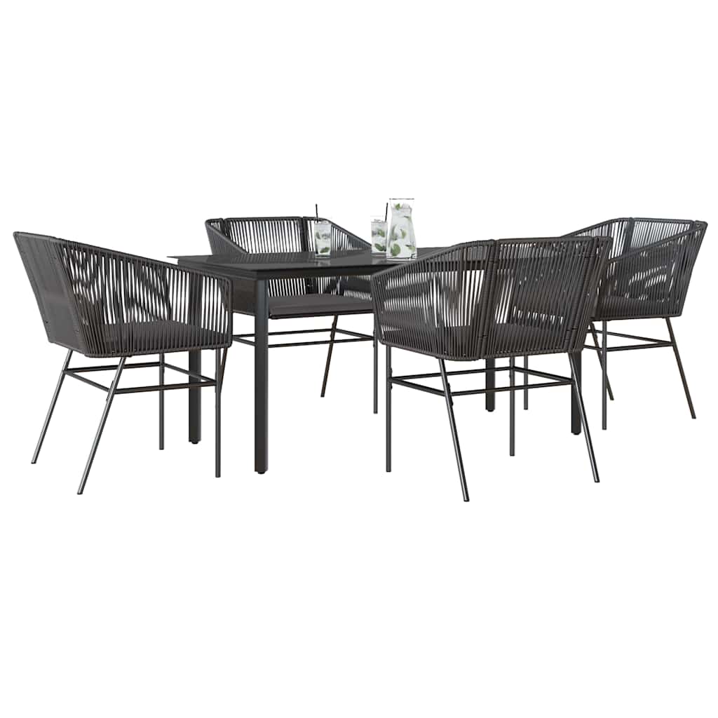 5 részes fekete polyrattan üveg kerti étkezőgarnitúra párnákkal