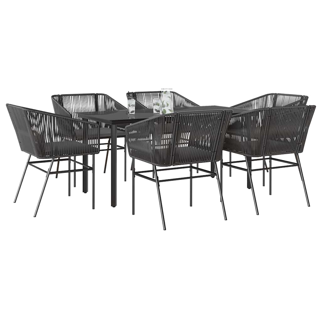 7 részes fekete polyrattan üveg kerti étkezőgarnitúra párnákkal