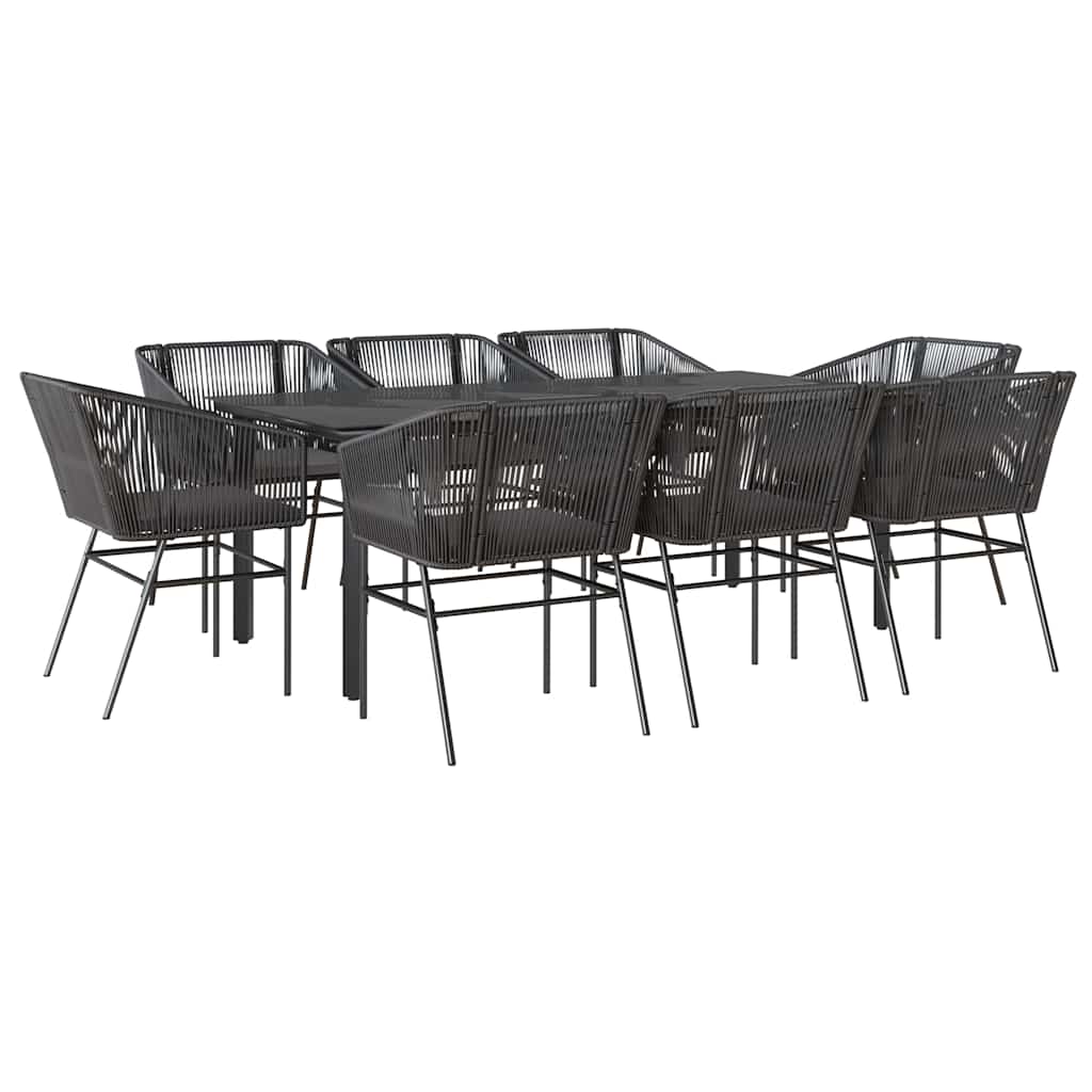9 részes fekete polyrattan üveg kerti étkezőgarnitúra párnákkal