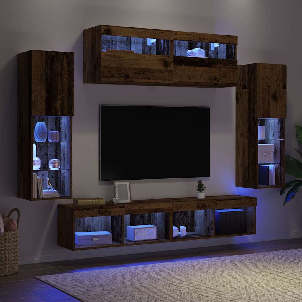 TV szekrény garnitúra LED -es lámpákkal 6 pcs Régi fa Faanyag