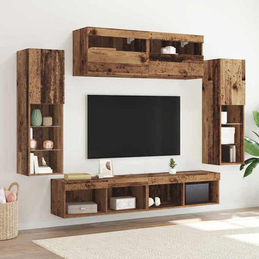 TV szekrény garnitúra LED -es lámpákkal 6 pcs Régi fa Faanyag