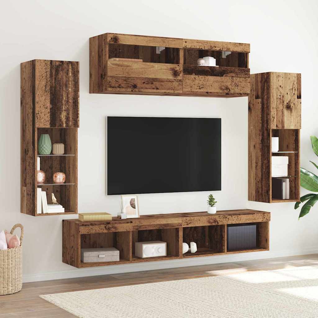 TV szekrény garnitúra LED -es lámpákkal 6 pcs Régi fa Faanyag