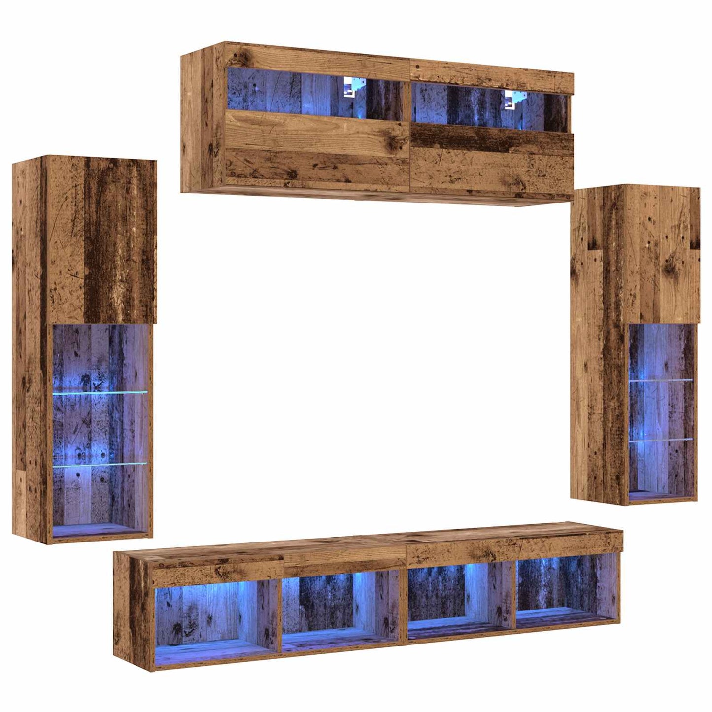 TV szekrény garnitúra LED -es lámpákkal 6 pcs Régi fa Faanyag