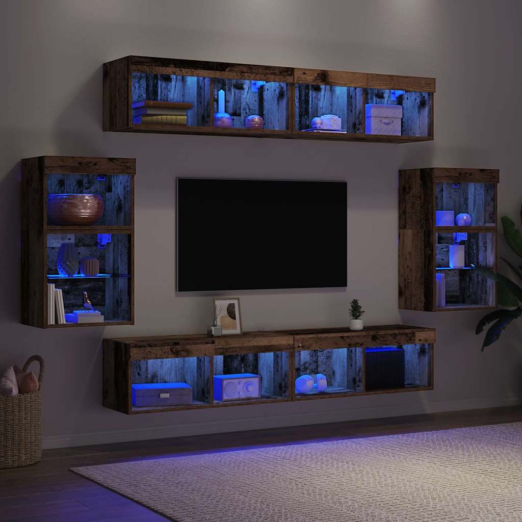 TV szekrény garnitúra LED -es lámpákkal 8 pcs Régi fa Faanyag