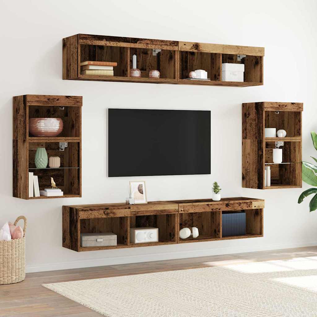 TV szekrény garnitúra LED -es lámpákkal 8 pcs Régi fa Faanyag