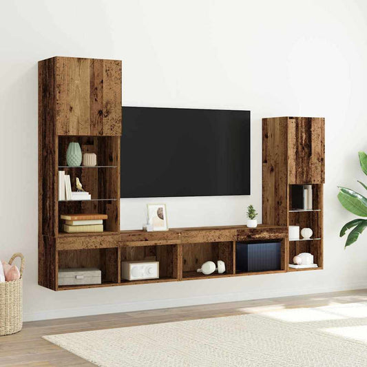 TV szekrény LED -es lámpákkal 4 pcs Régi fa Faanyag
