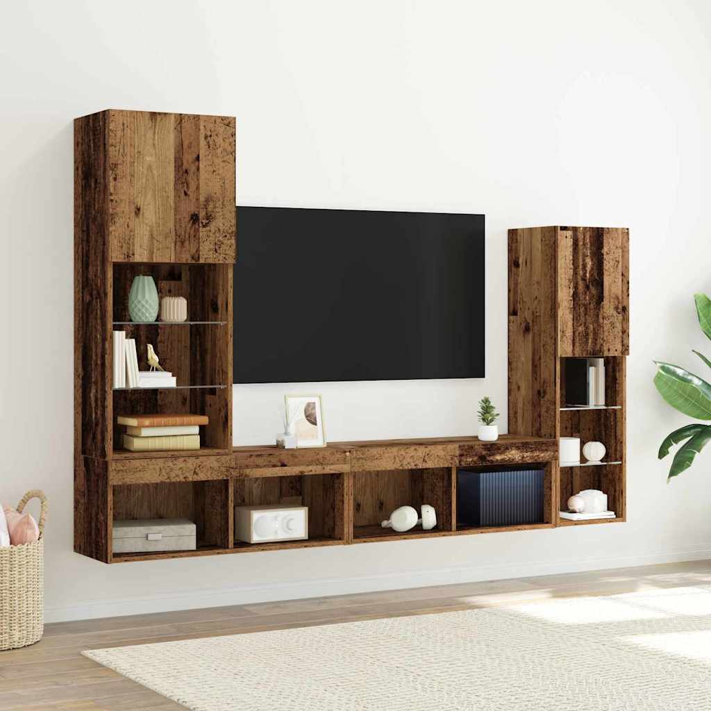 TV szekrény LED -es lámpákkal 4 pcs Régi fa Faanyag