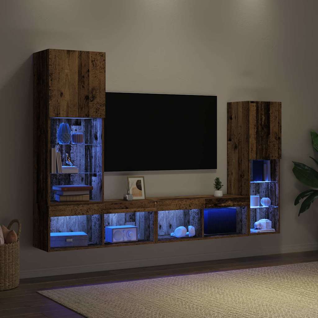 TV szekrény LED -es lámpákkal 4 pcs Régi fa Faanyag