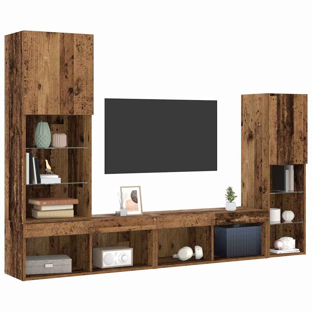 TV szekrény LED -es lámpákkal 4 pcs Régi fa Faanyag