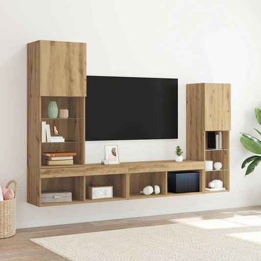 TV szekrény LED -es lámpákkal 4 pcs kézműves tölgy Faanyag