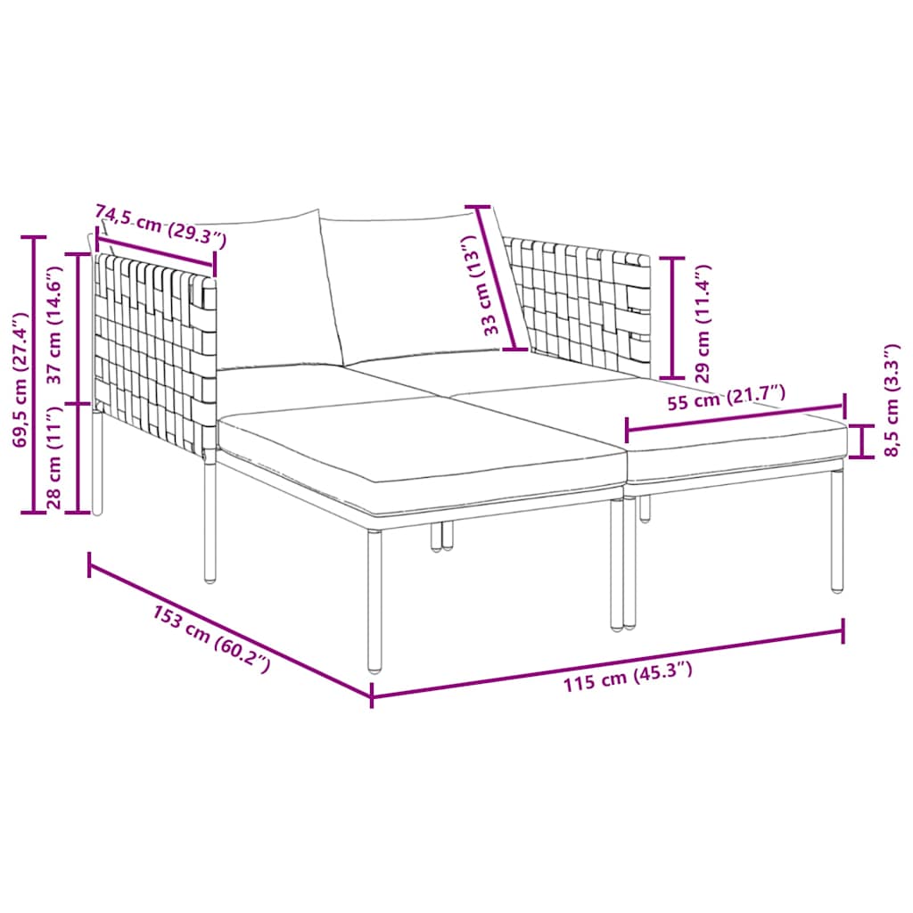 Napozóágy párnával Antracit 153 x 115 x 69.5 cm Porszórt acél