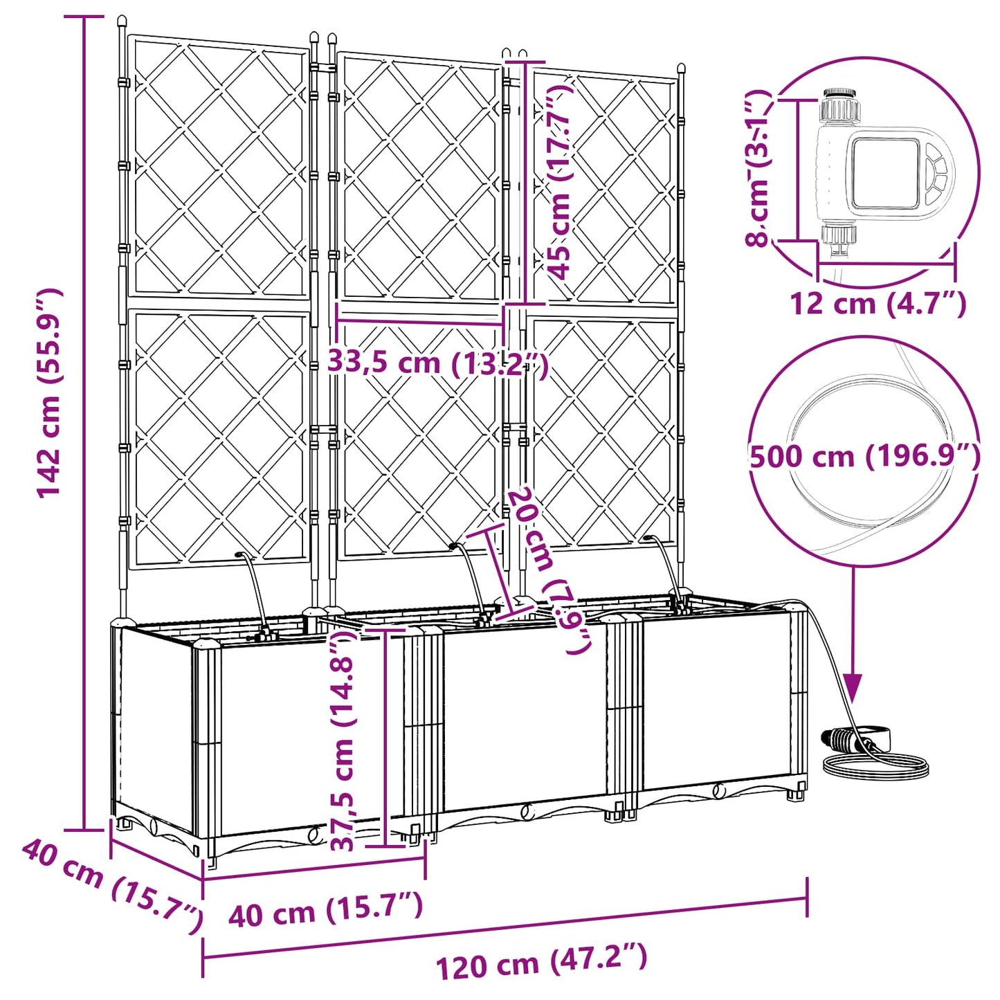 Kerti cserép 3 db Szürke 120 x 40 x 142 cm PP