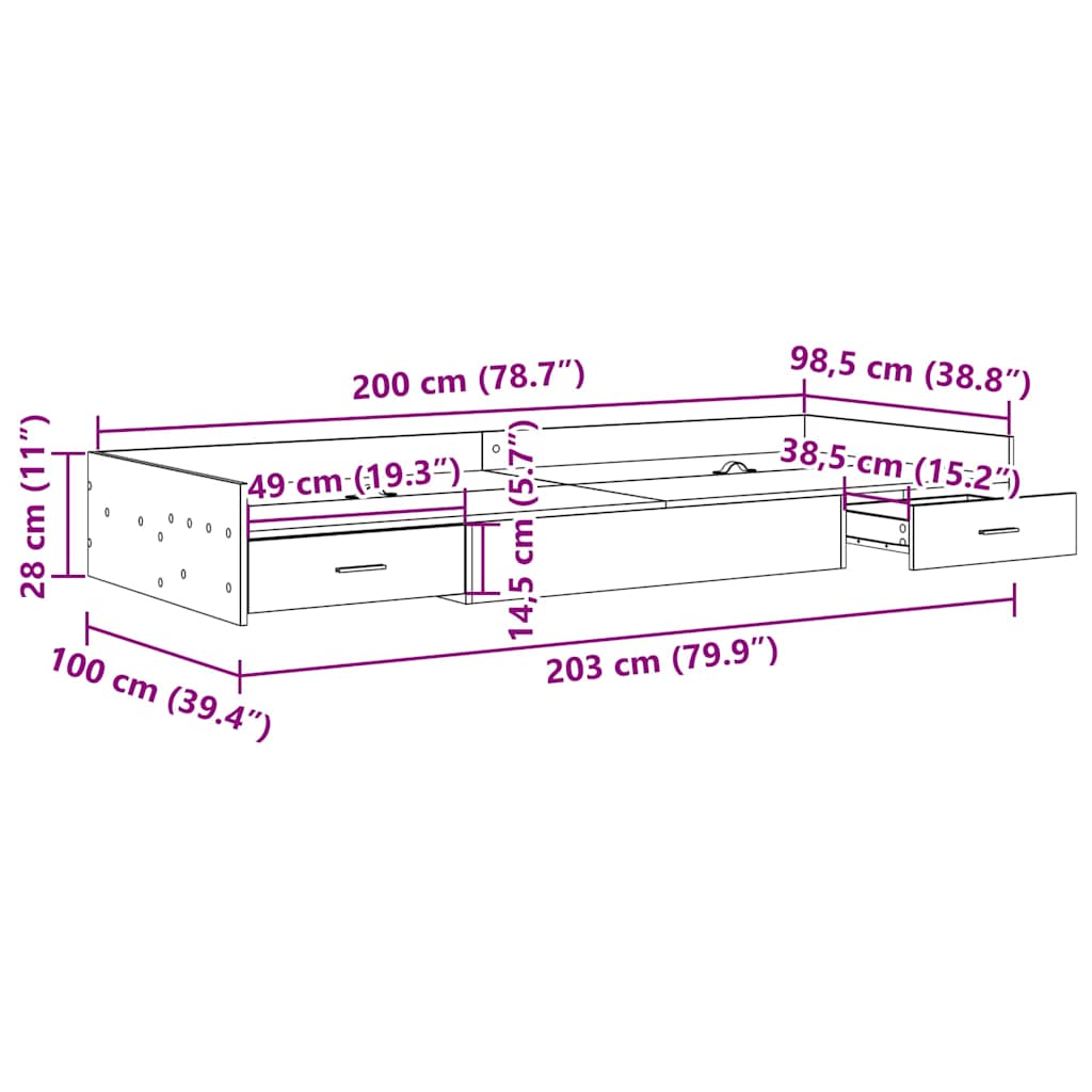 Ágykeret fiókkal tárolóval Beton Szürke 100 x 200 cm Szerelt Fa