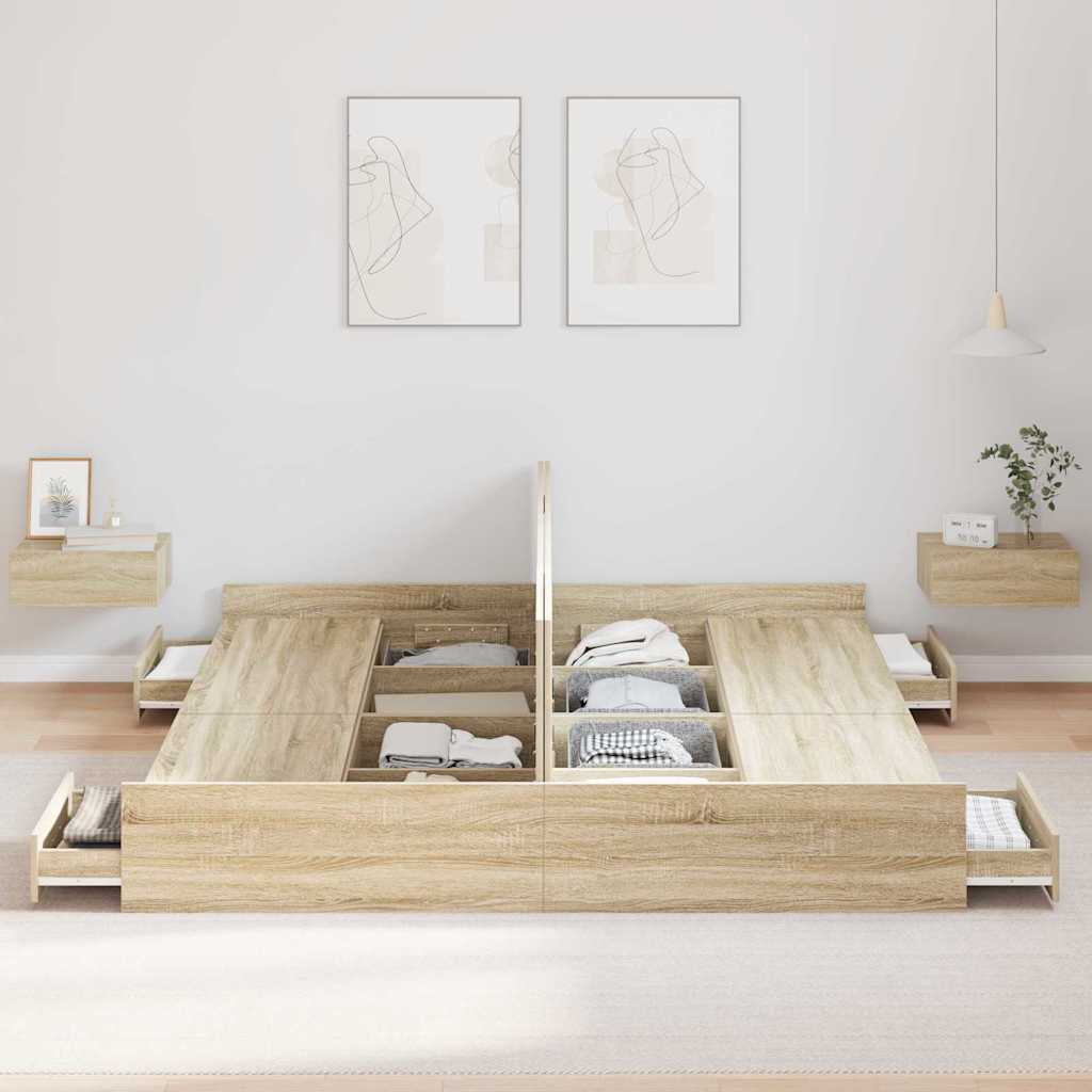 Ágykeret tárolóval fiókkal Sonoma tölgy 200 x 200 cm Szerelt Fa